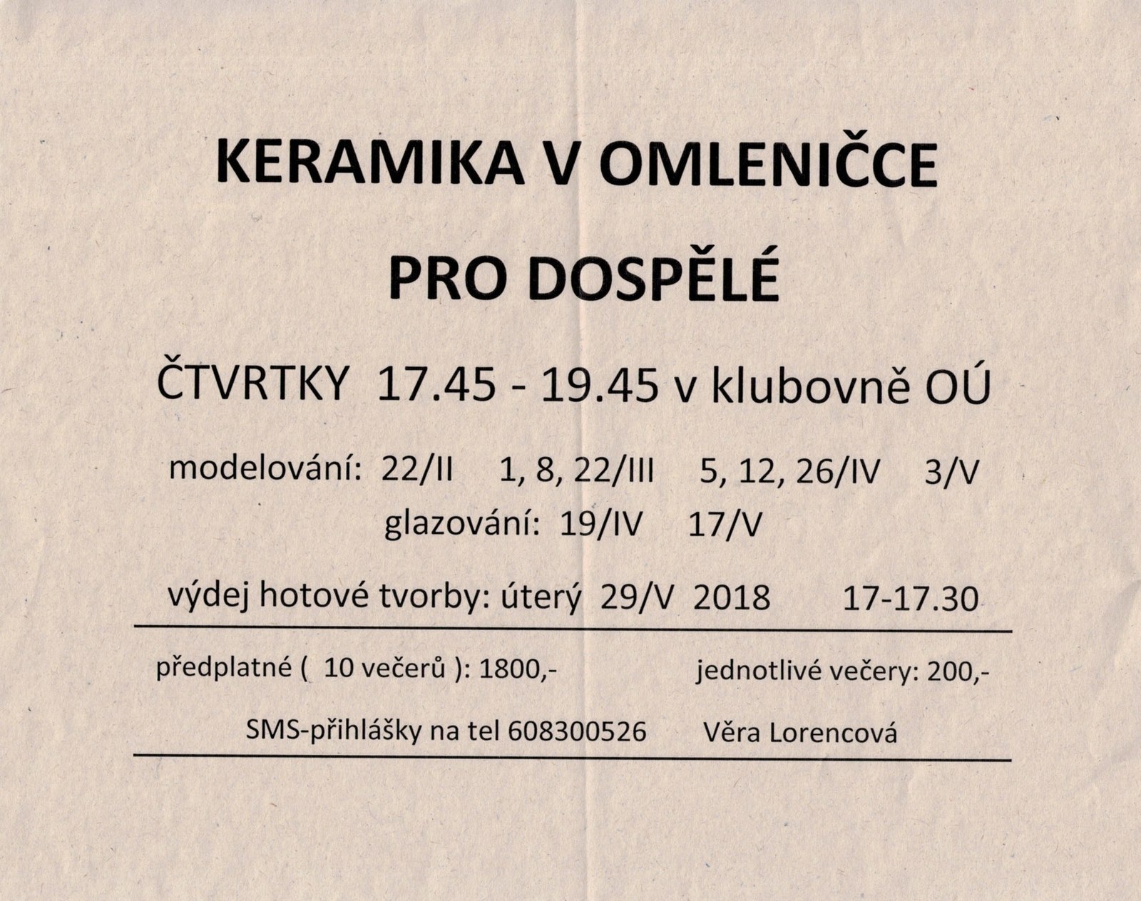 Keramika v Omleničce pro dospělé - II. pol. 2018